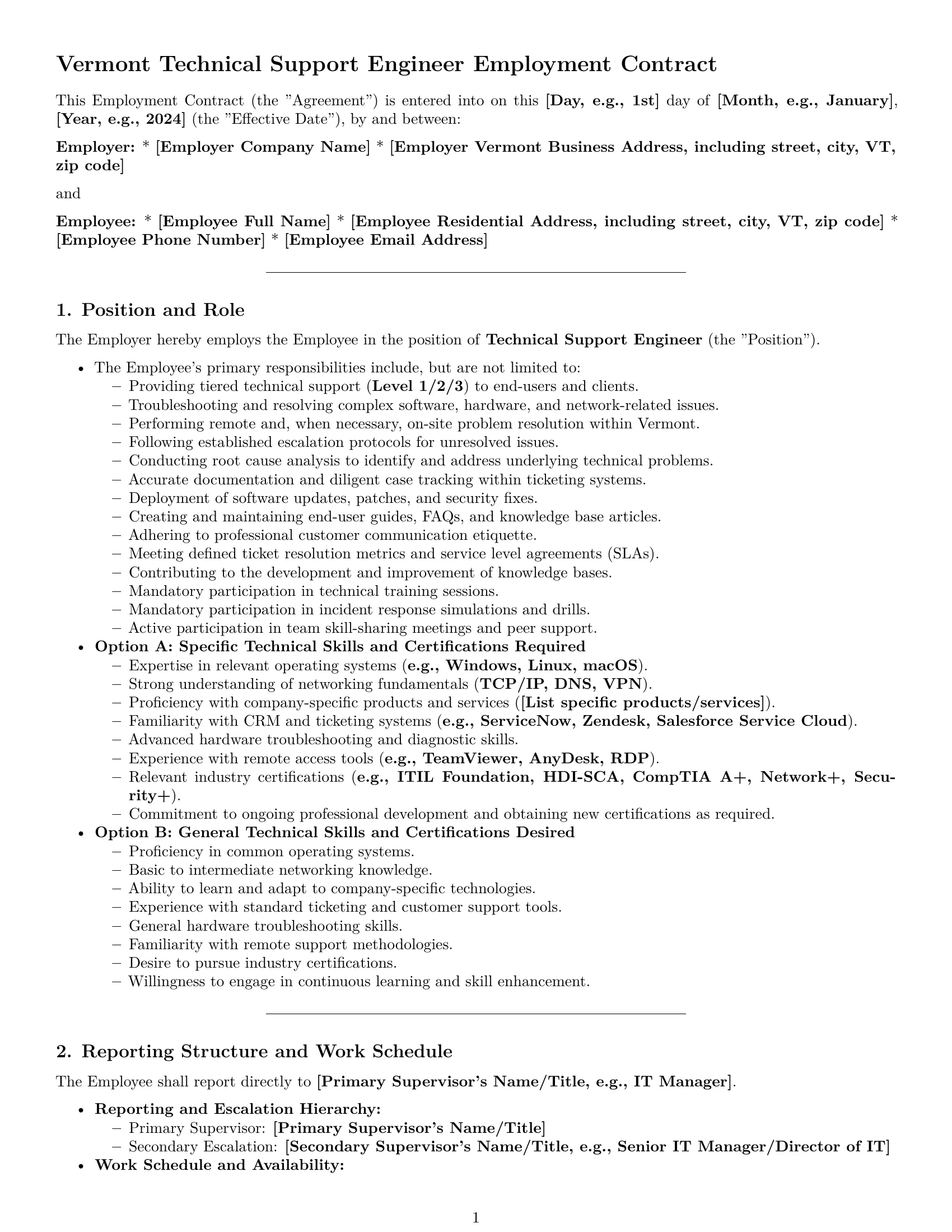 Preview page 1 of Pro Vermont technical support engineer employment contract template