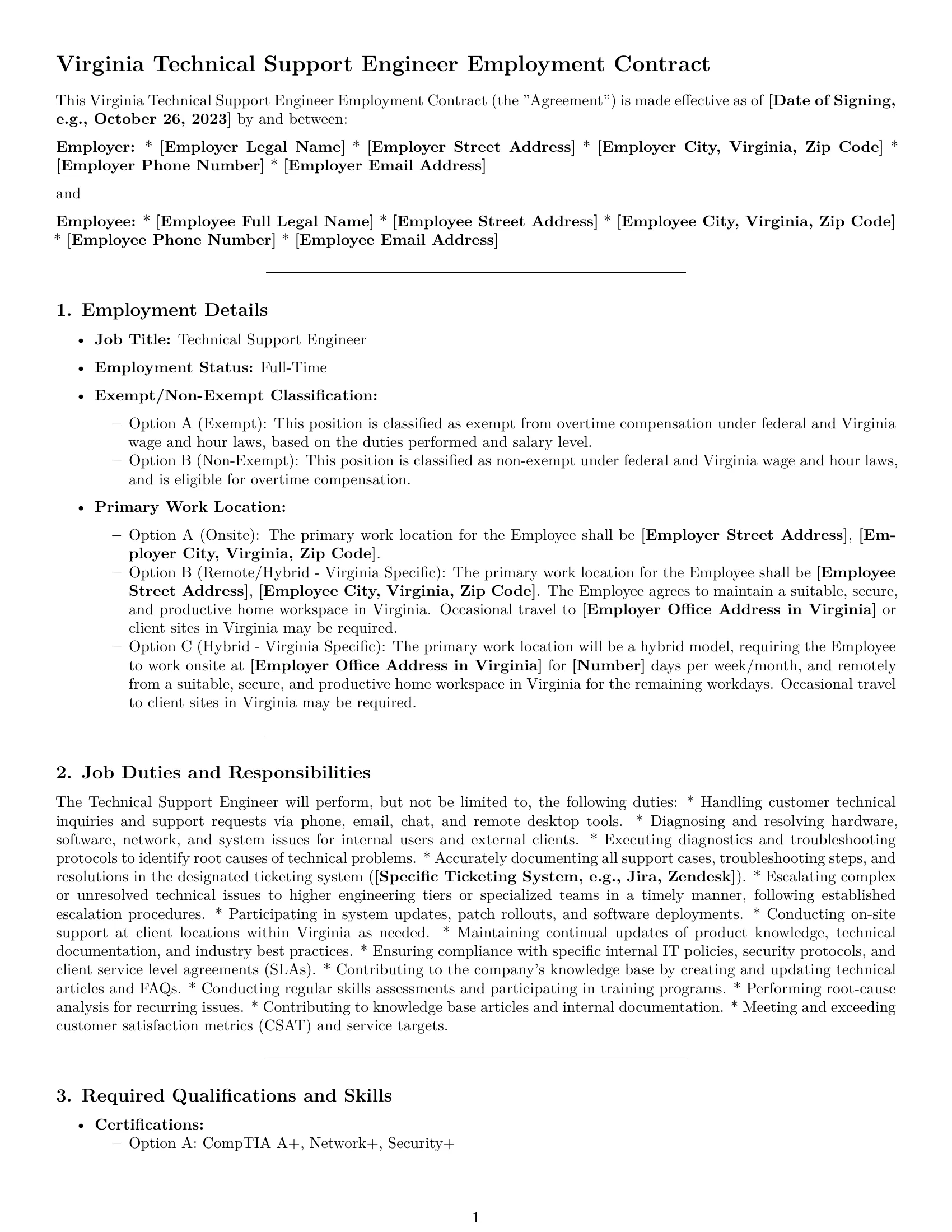 Preview page 1 of Pro Virginia technical support engineer employment contract template