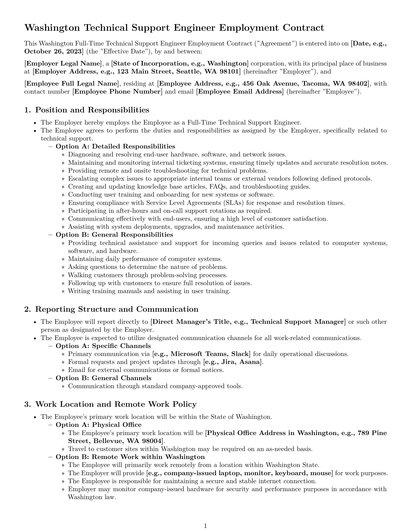 Preview page 1 of Pro Washington technical support engineer employment contract template