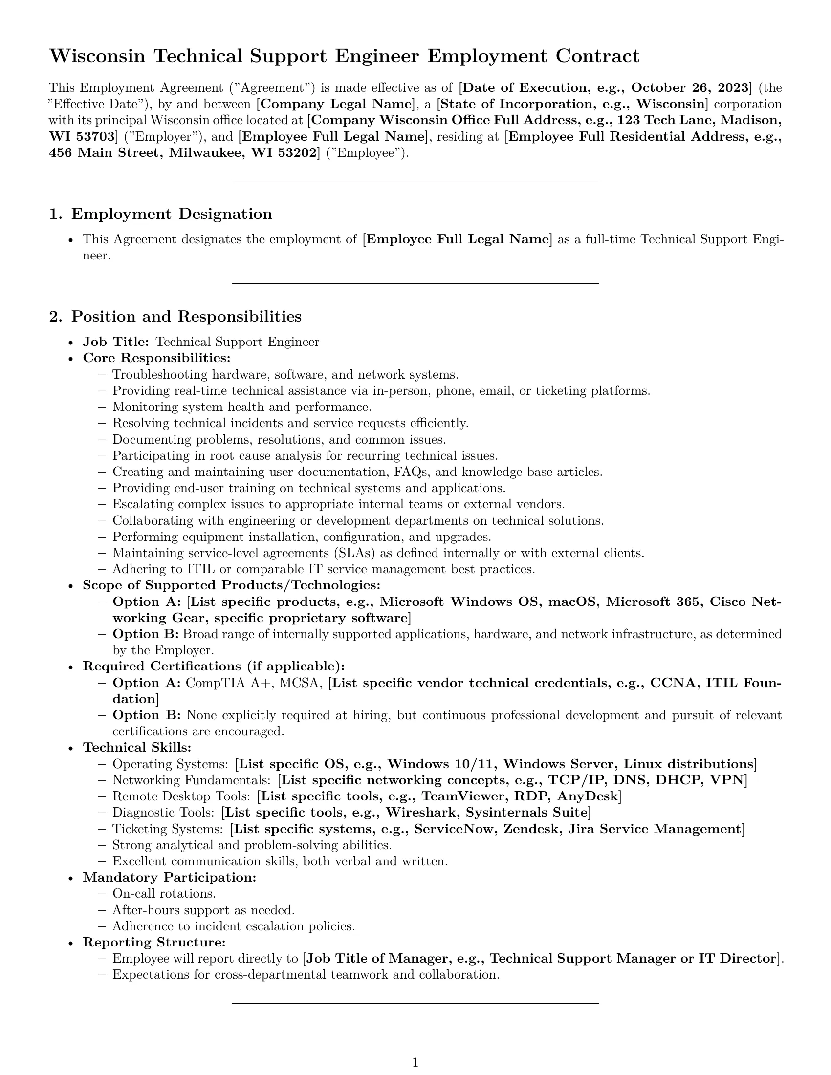 Preview page 1 of Pro Wisconsin technical support engineer employment contract template