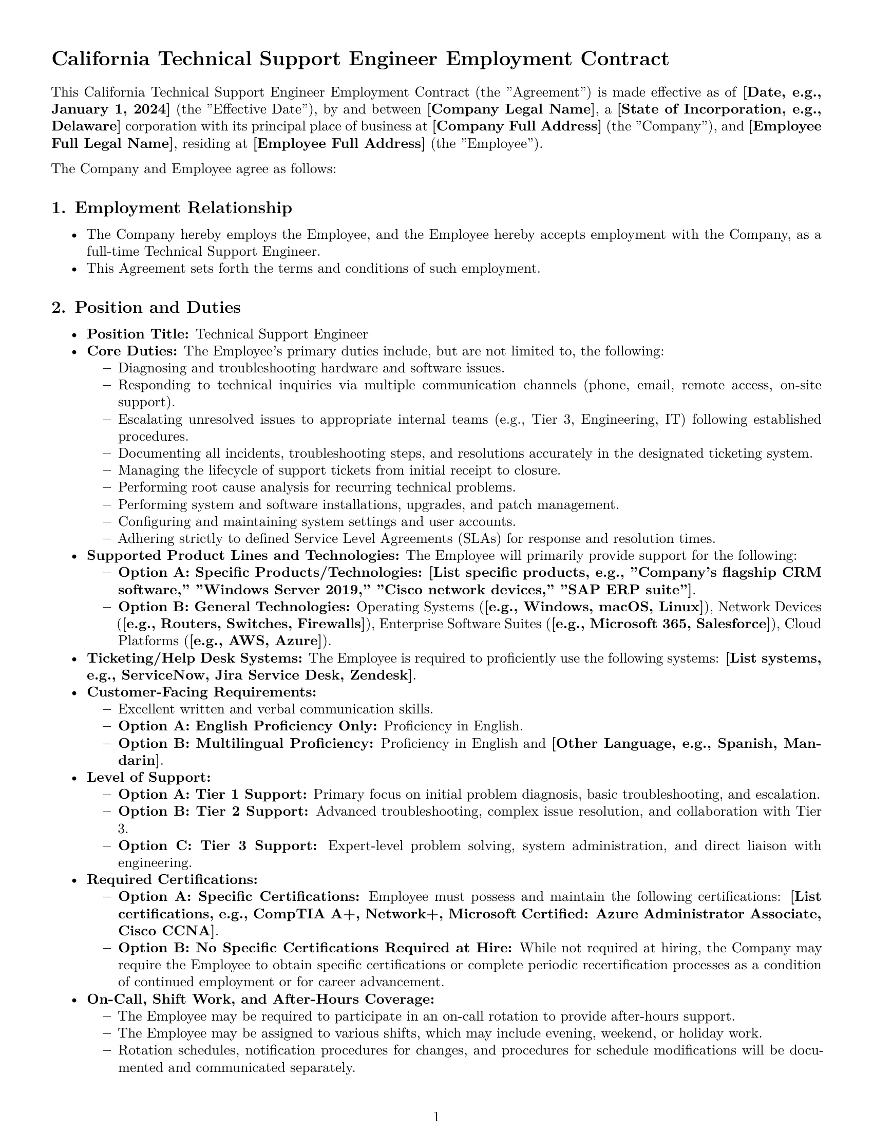 Preview page 1 of Pro California technical support engineer employment contract template