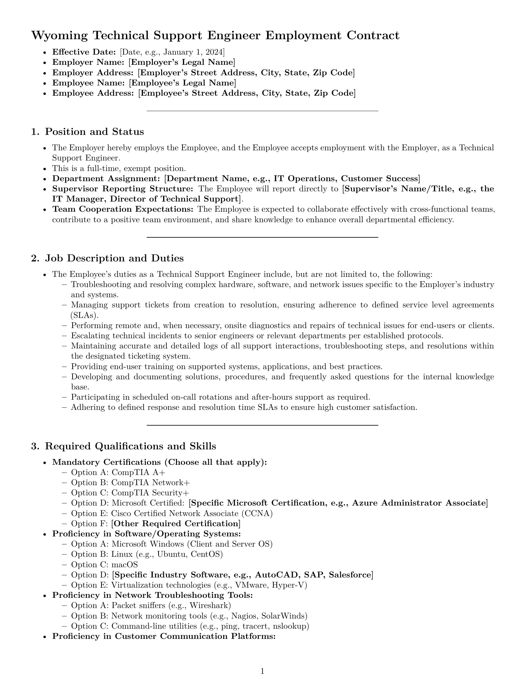 Preview page 1 of Pro Wyoming technical support engineer employment contract template