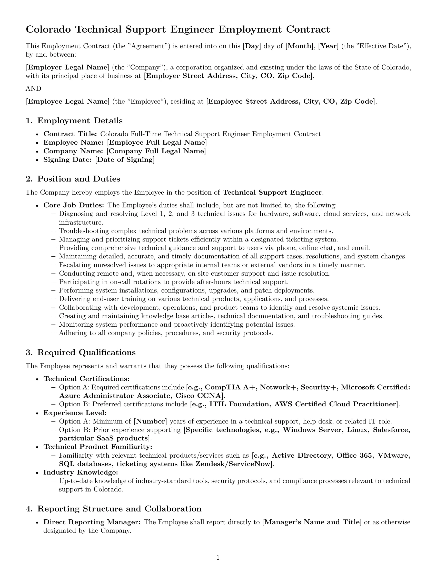 Preview page 1 of Pro Colorado technical support engineer employment contract template