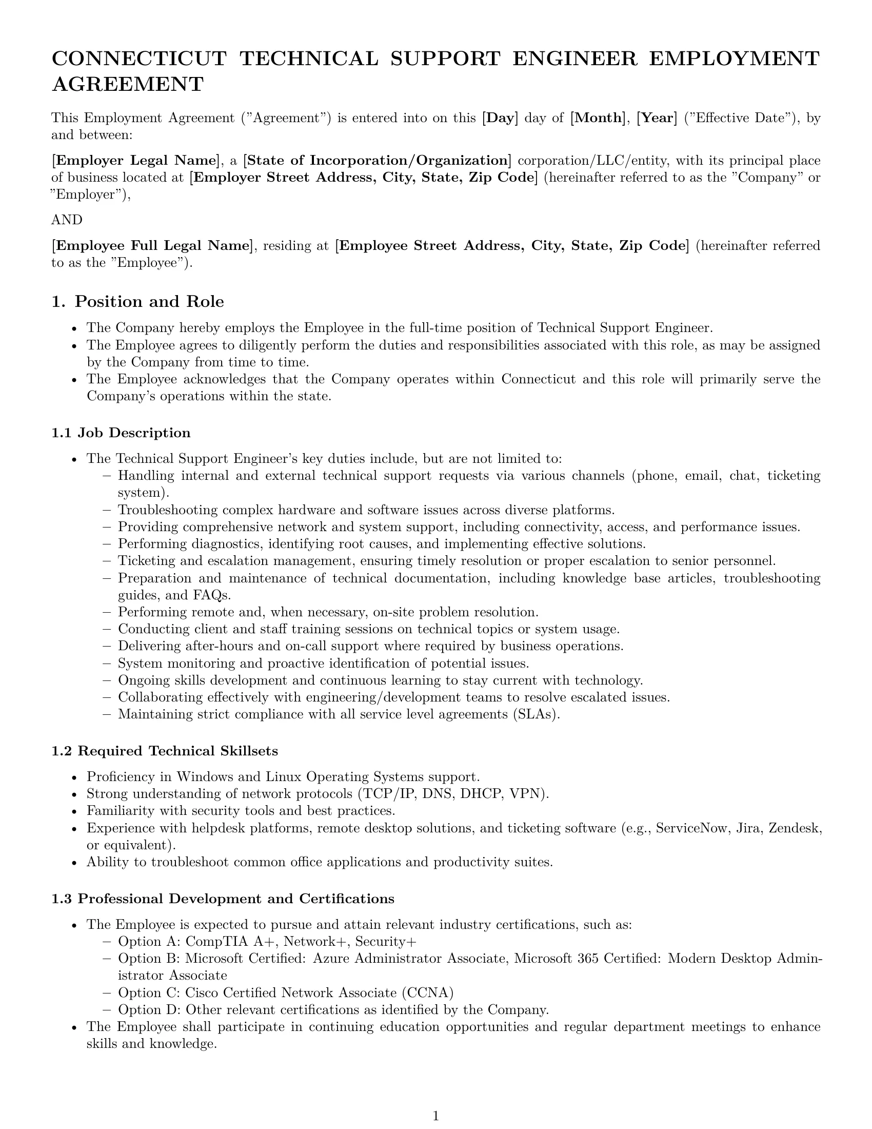 Preview page 1 of Pro Connecticut technical support engineer employment contract template