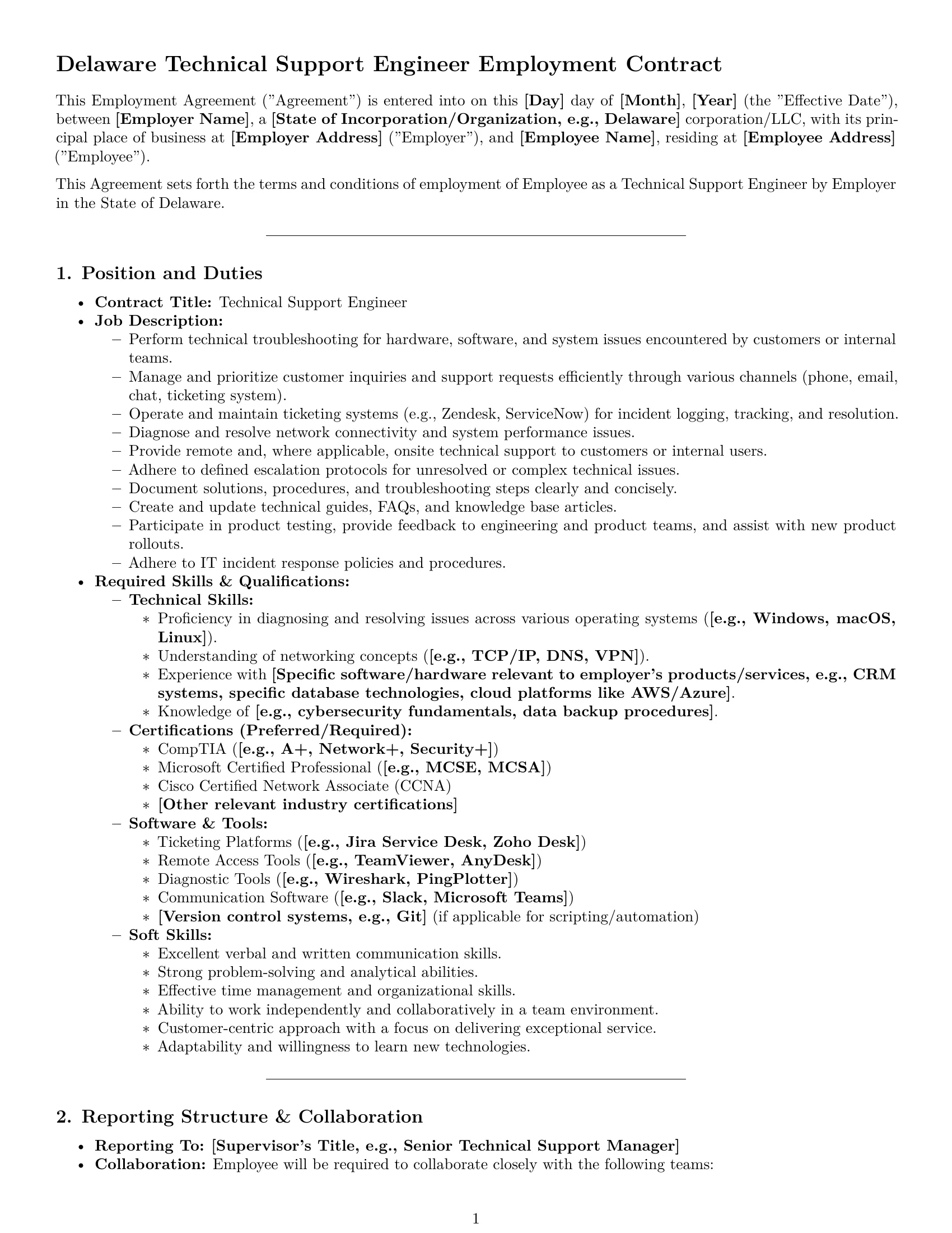 Preview page 1 of Pro Delaware technical support engineer employment contract template