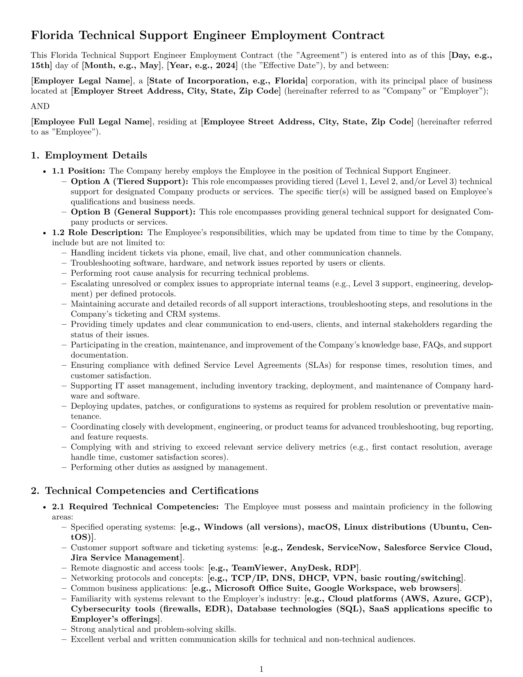 Preview page 1 of Pro Florida technical support engineer employment contract template